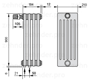 Схема (чертеж) Радиатор Zehnder Charleston 6090/4 №V001 Белый глянцевый RAL 9016